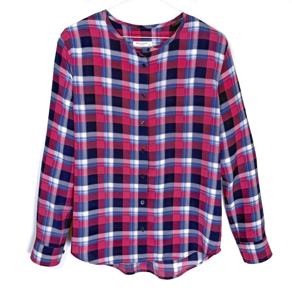 Equipment Small Plaid Silk Button Up Shirt Long‎ Sleeve Collarless Women